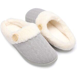 👑Women's Gray Anti-Skid Faux Fur Lined Comfort Closed Toe Slip-On Slippers